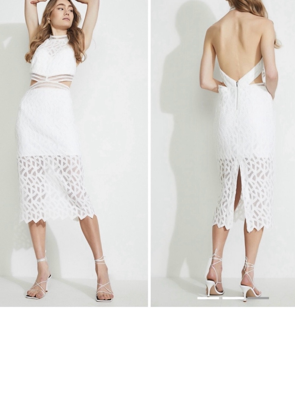 Bardot White Lace Midi Dress with Geometric Cutouts